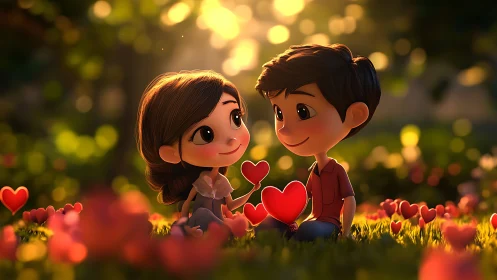 Two animated children exchange red heart symbols in a flower-filled garden