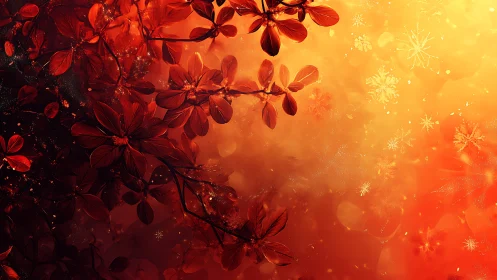 Red floral silhouettes overlap bright orange abstract light