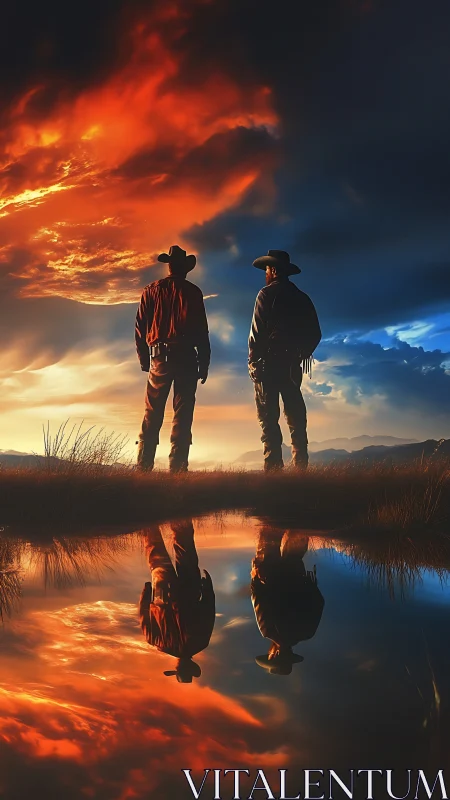 Two lone cowboys contemplate a blazing western sunset sky