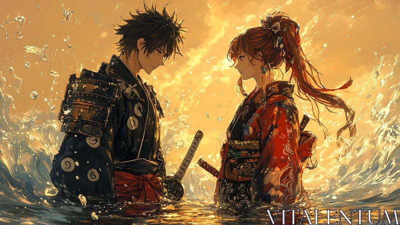 Samurai couple in ornate armor and kimono within golden surf