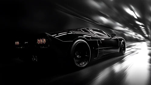 Sleek midnight supercar racing through a glowing tunnel.