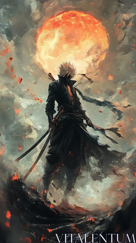 Lone swordsman silhouette dominates infernal lunar backdrop