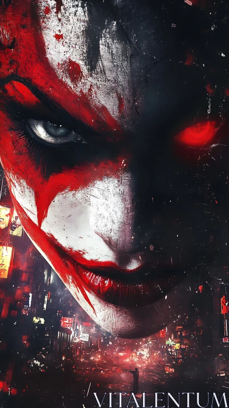 Sinister clown portrait over neon soaked cityscape.