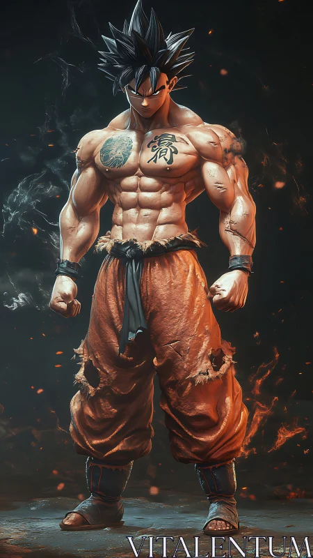 Muscular warrior stands in glowing embers, battle-torn pants