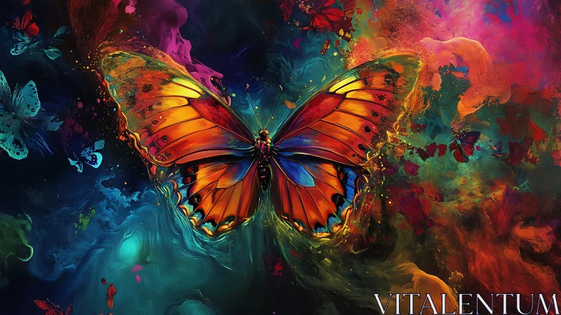 Vivid digital butterfly amid swirling neon color clouds.