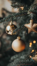 Golden ornaments on evergreen branch with warm bokeh glow.