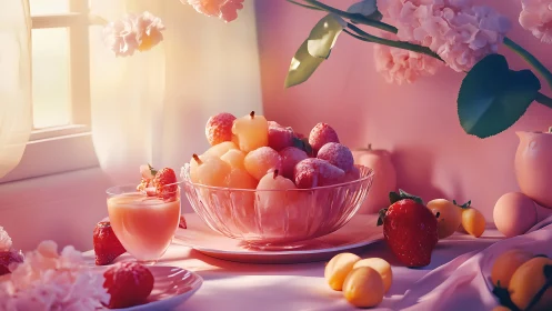 Sugared dawn fruit bathes in a window of rosy light
