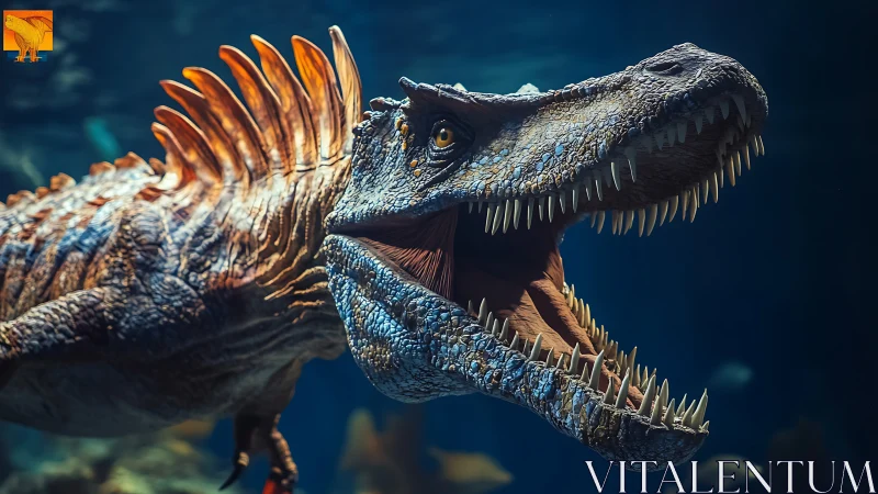 Razor-toothed river tyrant roars through shadowed depths.