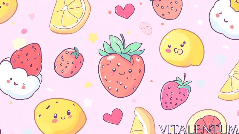 Smiling strawberries conduct a pastel fruit parade on pink