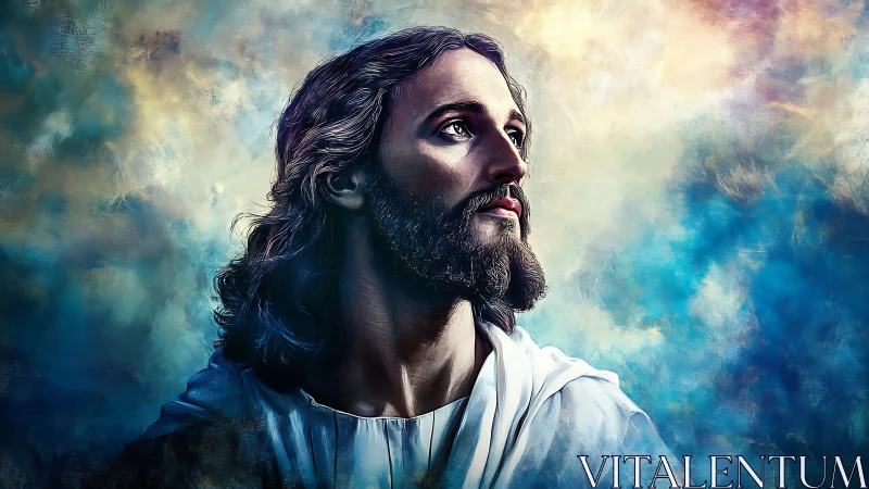 Digital portrait of serene bearded man against radiant sky.