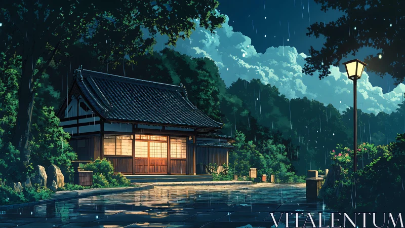 Traditional Japanese house glows warmly during summer rain