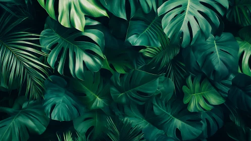 Layered tropical monstera canopy in dense digital foliage.