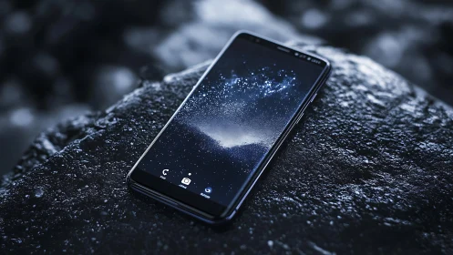 Modern smartphone on wet stone surface, reflective display.