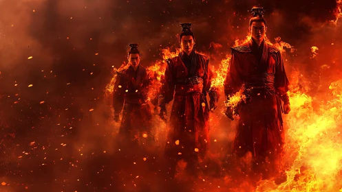 Three Figures in Crimson Robes Surrounded by Inferno.