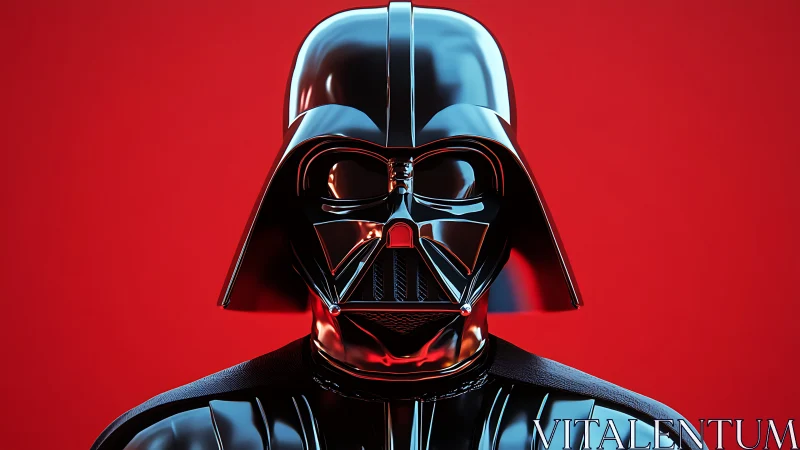 Shiny black sci fi helmet against bold red backdrop.