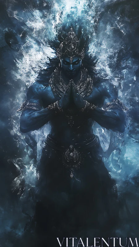 Celestial blue deity emerging from swirling astral mist.