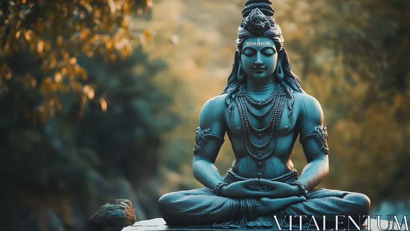 Meditative stone deity rendered with shallow-depth optics.