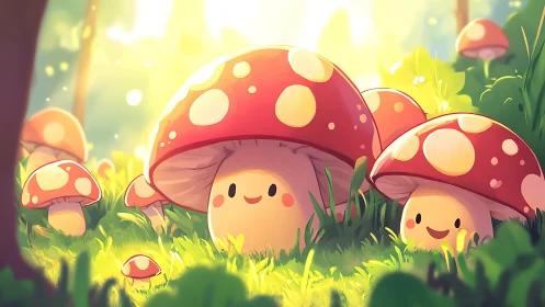 Soft-lit kawaii mushrooms rendered in warm atmospheric depth