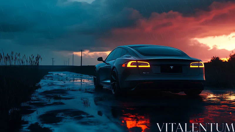 Electric sedan glows over rainy road at vivid sunset.