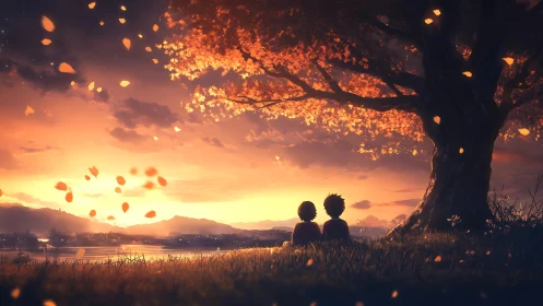 Sunset confessions beneath a blaze of falling ember leaves.