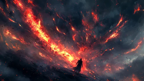 Digital painting of lone figure before apocalyptic firestorm sky.