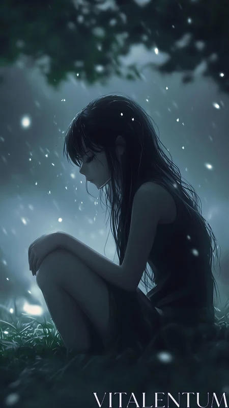 Silent girl in moonlit rain, contemplative night solitude.