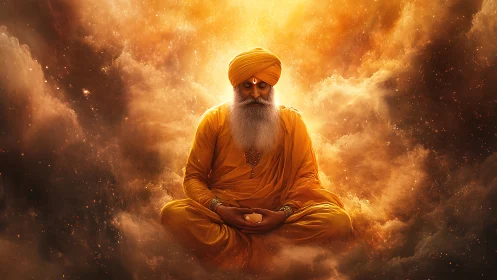 Mystical bearded guru in orange robes amid glowing clouds.