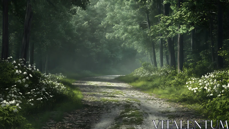 Forest path with tall trees and white flowering shrubs lining dirt trail