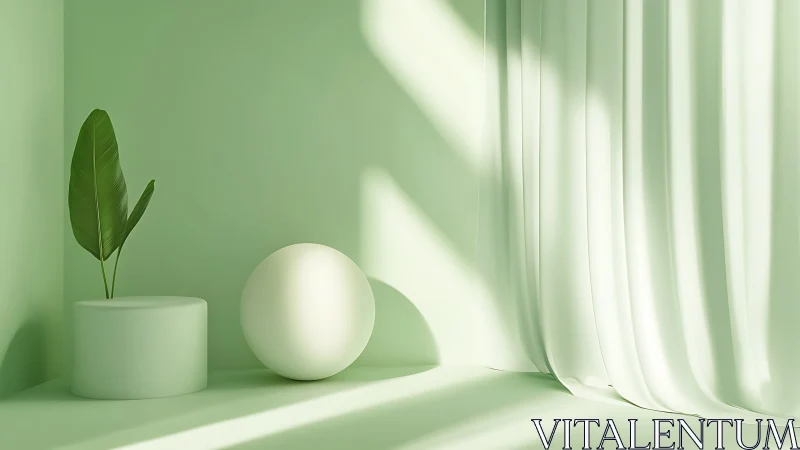 Monochrome green interior with cylinder, sphere and curtain