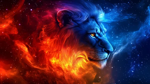 Bifurcated nebular lion rendered in chromatic thermal contrast.