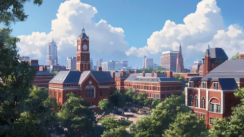 Urban campus courtyard with clock tower and city skyline.