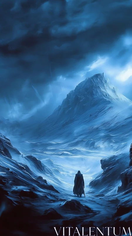 Solitary figure in blue-toned mountainous snow landscape.