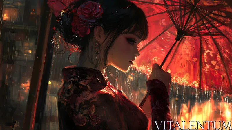 Side profile of woman with red umbrella in night rain.