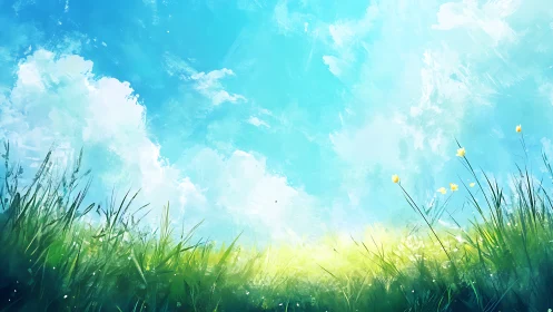 Sunny grassy meadow under bright blue sky painting.
