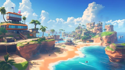 Vibrant Coastal Resort Fantasy Landscape with Terraced Architecture.