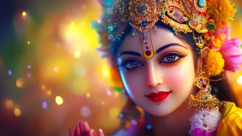 Divine goddess portrait radiates vivid golden festival light.
