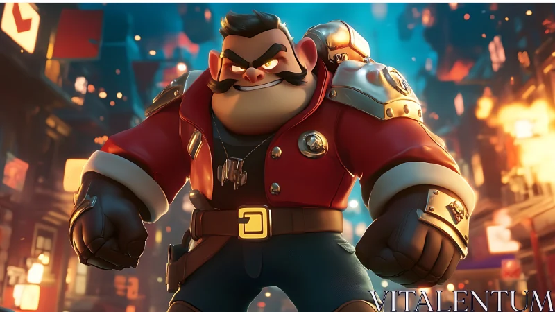 Cartoon enforcer character in futuristic city street scene.