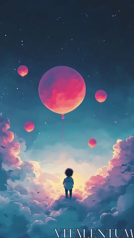 Child gazes at rose-lit sky balloons above luminous clouds.