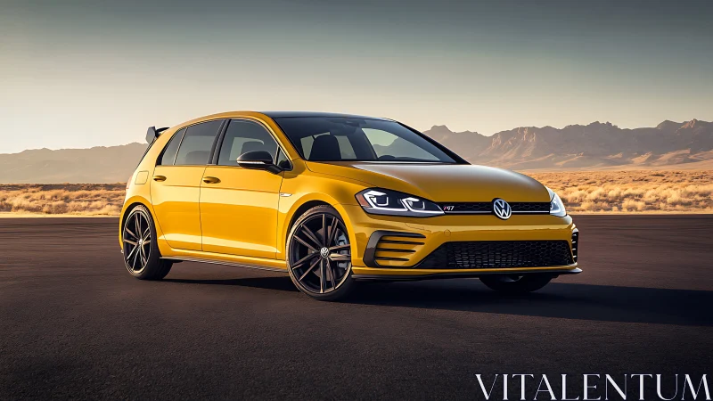 Yellow Volkswagen hatchback on open desert highway at dusk.
