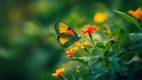 Macro butterfly study on vivid garden blooms, bokeh field.