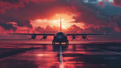 Sturdy propeller plane resting under a glowing sunset sky.