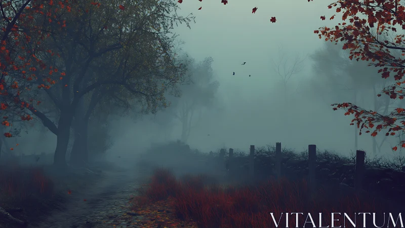 Foggy forest path under moody autumn twilight sky.