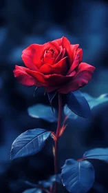 Red Rose Blooms Against Deep Blue Shadows.