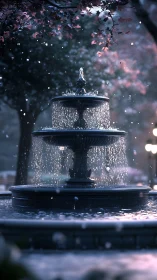 Tiered stone fountain in soft evening park snowfall scene.