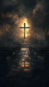 Radiant crucifix glows within a dark, smoke-filled chapel.
