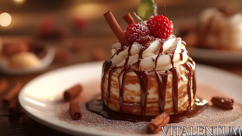 Stacked pancakes hold cream, berries, chocolate and cinnamon