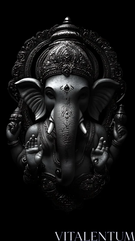 Ornate monochrome Ganesha relief under dramatic lighting.