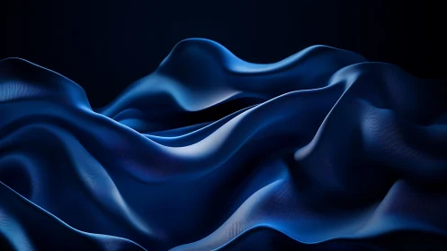 Abstract flowing blue silk waves on dark background, digital art.