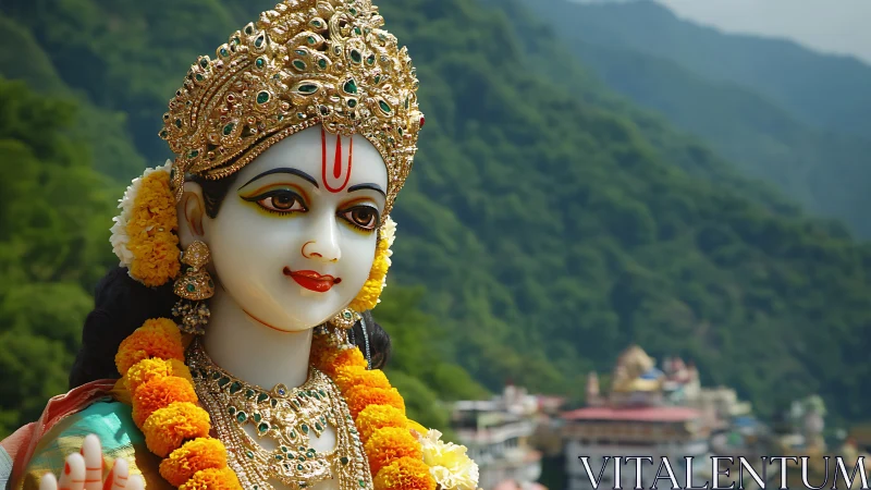 Deity sculpture with marigold garlands before lush hillside.