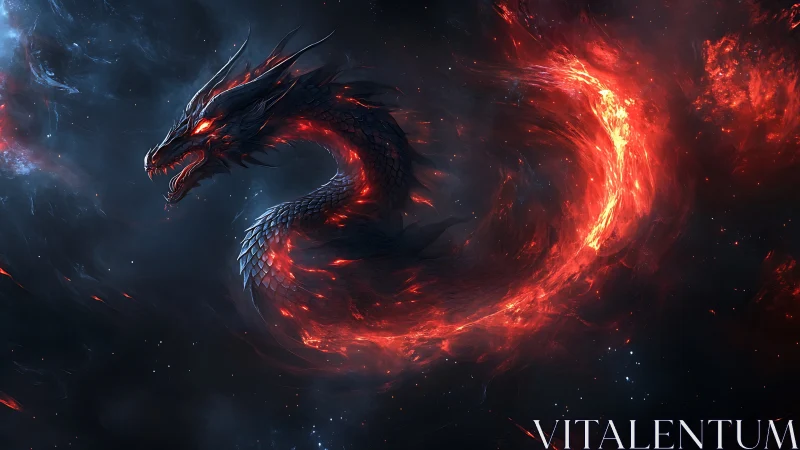 Volcanic plasma serpent coiled in deep-space nebular void.